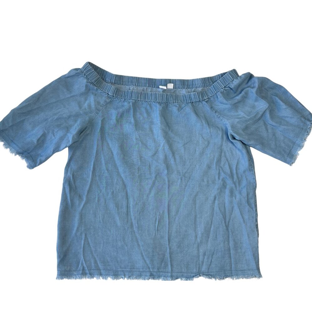 Melrose Market Off Shoulder Top Small Chambray Blue Frayed Hem Tencel‎ Coastal
